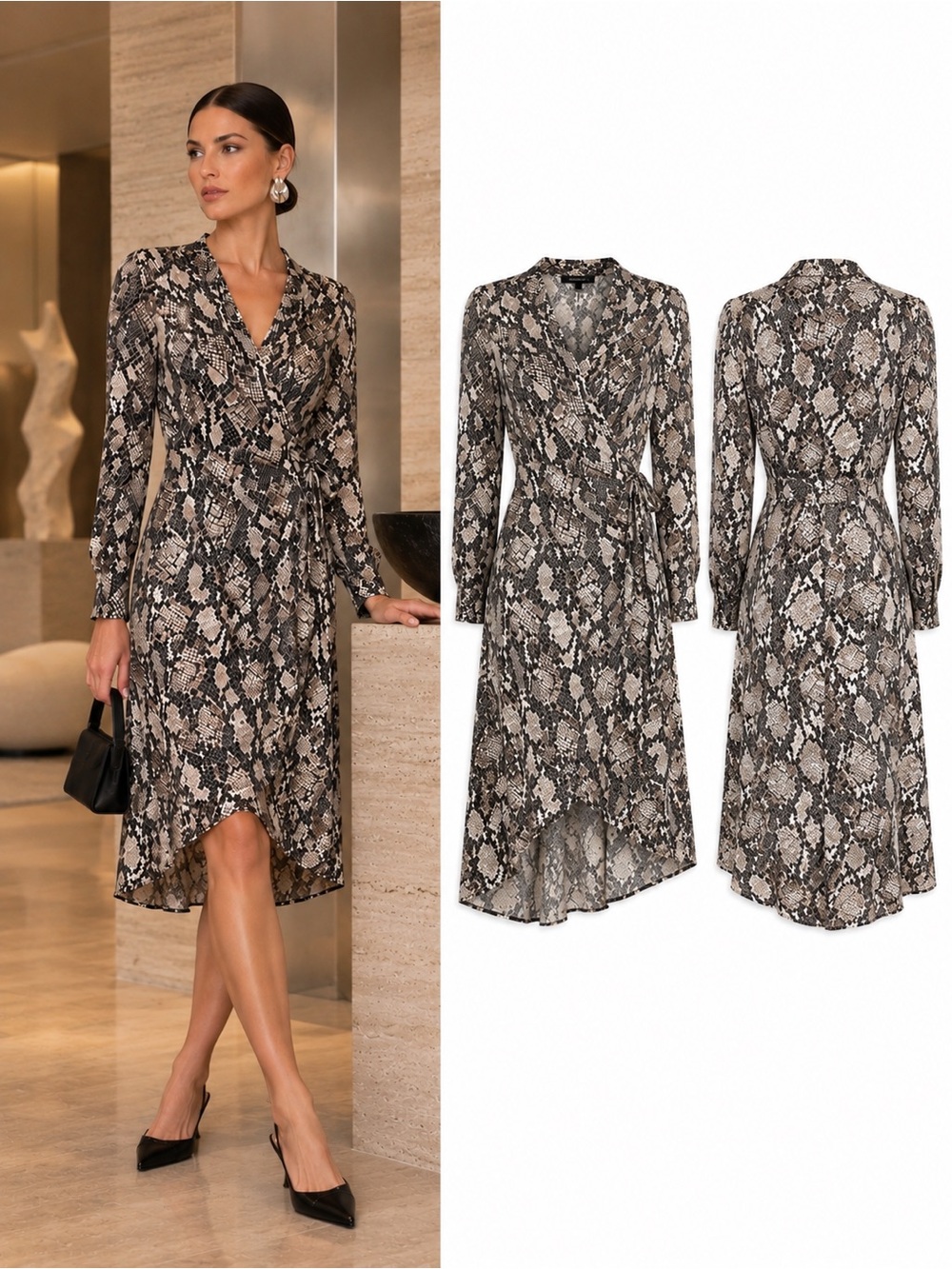 Karen Millen Snake Print Wrap Dress Size 8 Long Sleeve High Low Midi